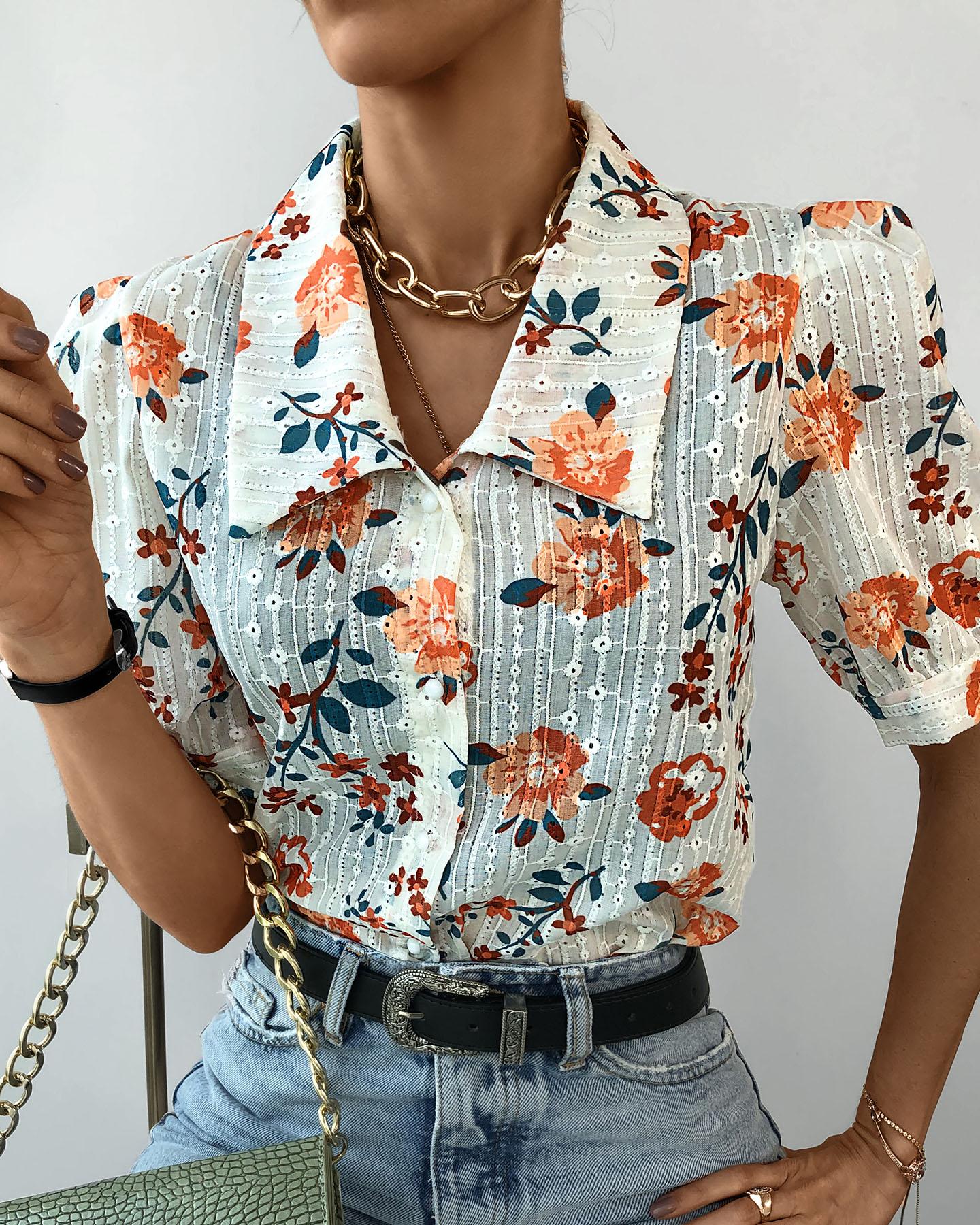 

Floral Print Short Sleeve Casual Shirt, Orange