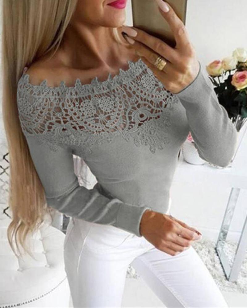

Off Shoulder Lace Trim Top, Gray