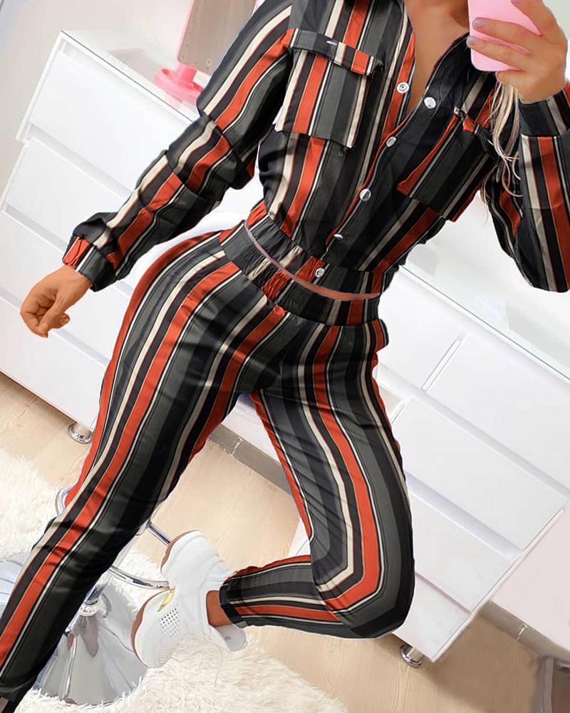 

Striped Colorblock Pocket Design Top & Pants Set, Multicolor