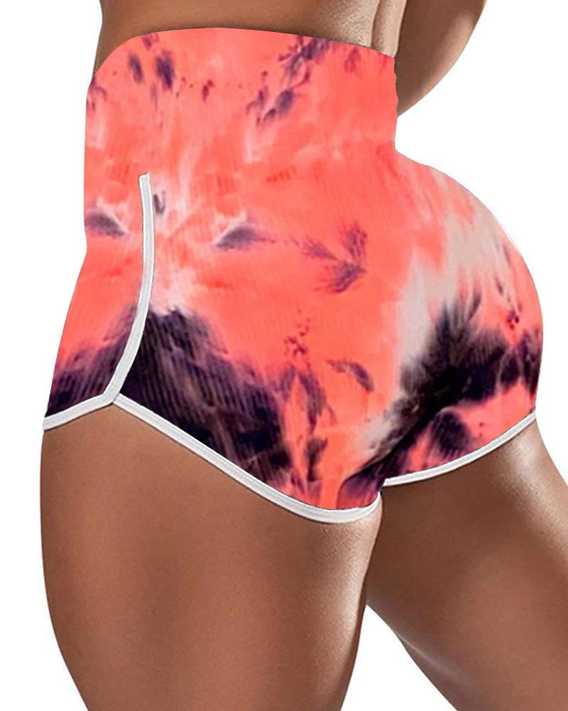 

High Waist Tie Dye Print Sporty Shorts, Red