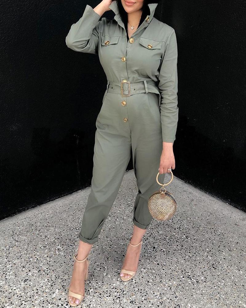 

Long Sleeve Buttoned Cargo Jumpsuit, Army green