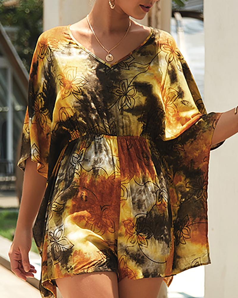 

Tie Dye Print Batwing Sleeve Romper, Yellow