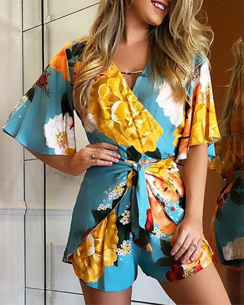 

Bell Sleeve Floral Print Knotted Detail Romper, Sky blue