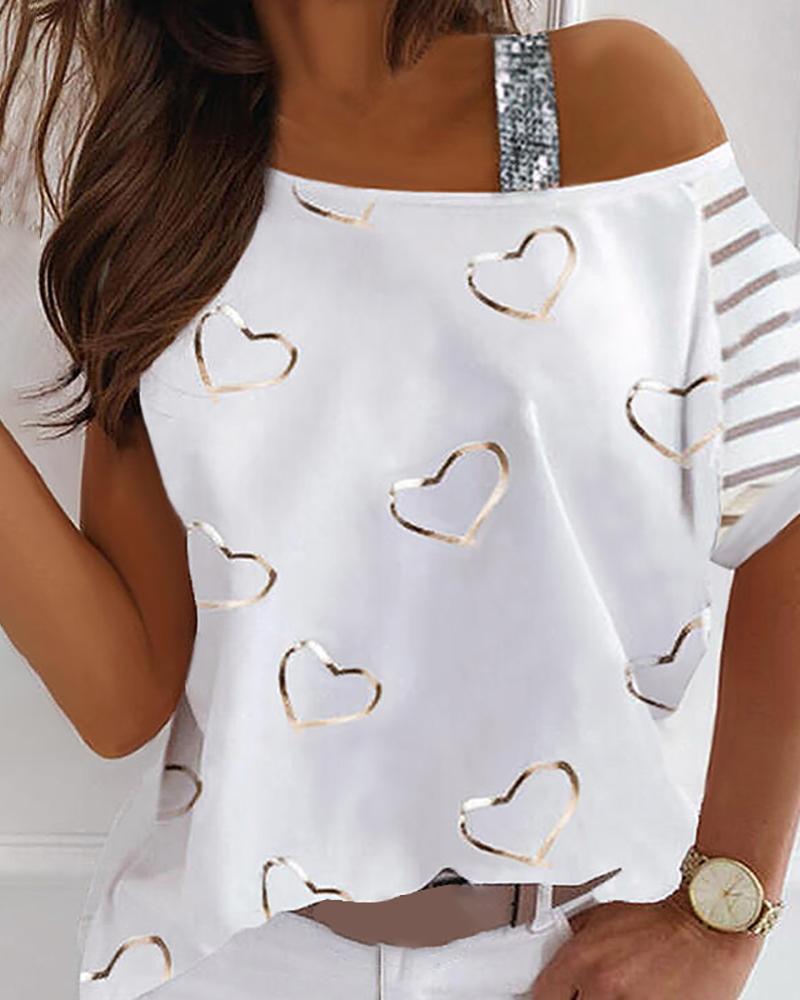 

Sheer Mesh Cold Shoulder Heart Print Sequins Top, White