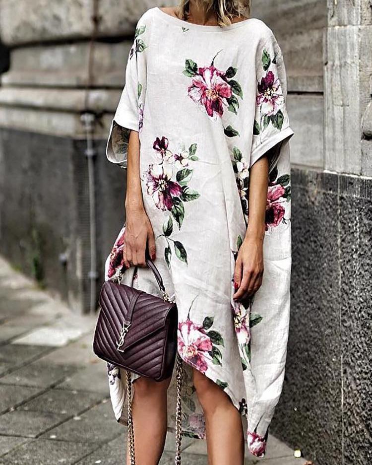 

Floral Print Boat Neck Irregular Casual Dress, Beige