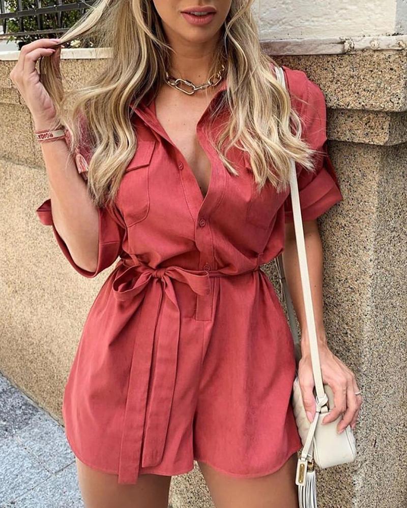 

Solid Bottoned Pockets Cargo Romper, Wine red