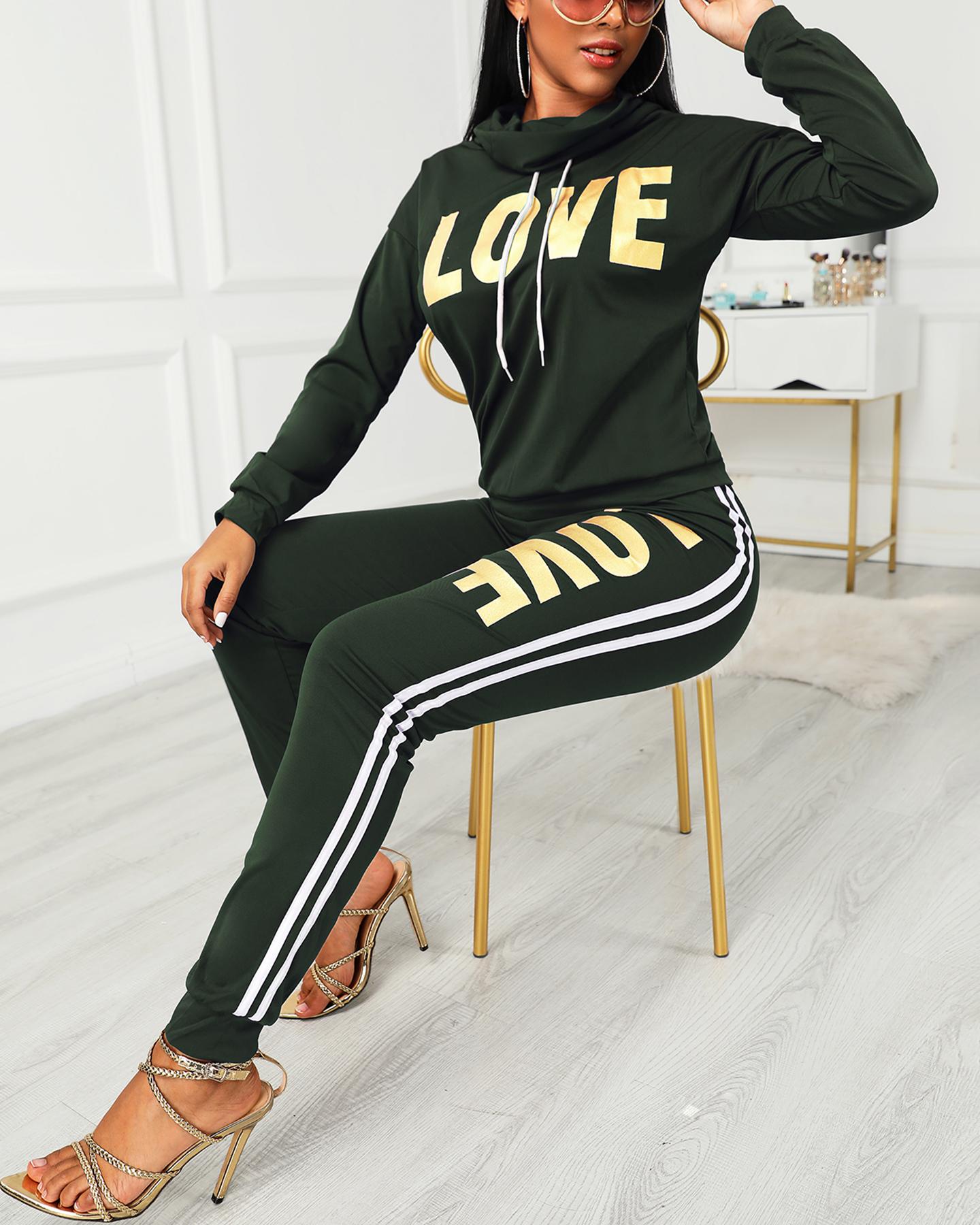 

Letter Print Heap Neck Top & Striped Tape Pants Set, Green