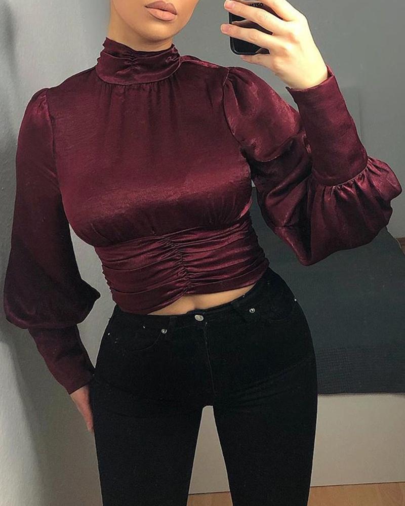 

Solid Lantern Sleeve Ruched Design Blouse, Red