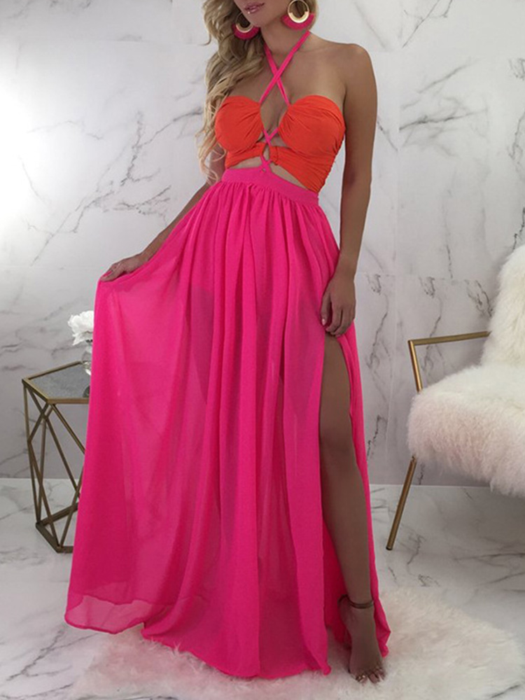 

Sexy Halter Drawstring Thigh Split Maxi Dress