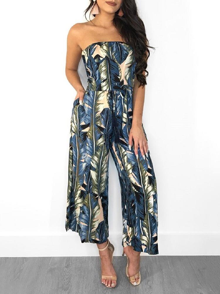 

Leaf Print Strapless Wide Leg Jumpsuit