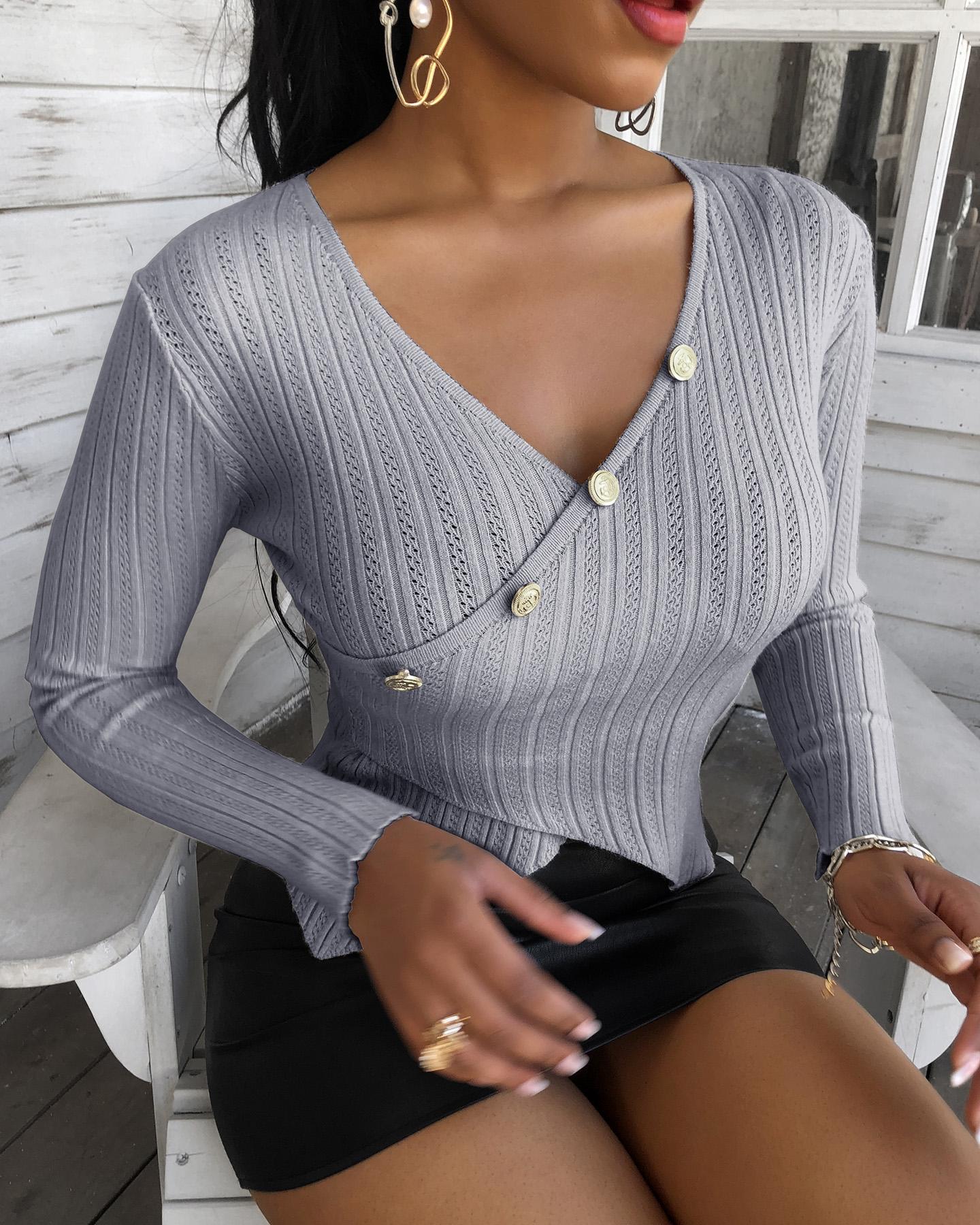 

Button Design Plain Wrap Blouse, Gray