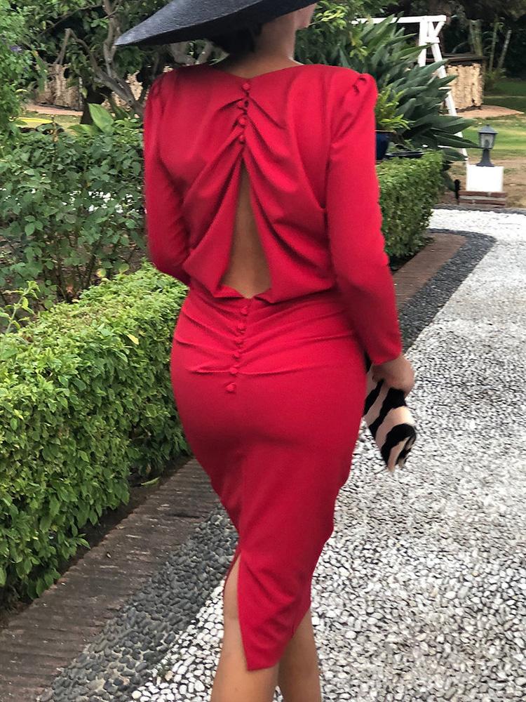 

Button Detail Ruched Cut Out Back Dress, Red