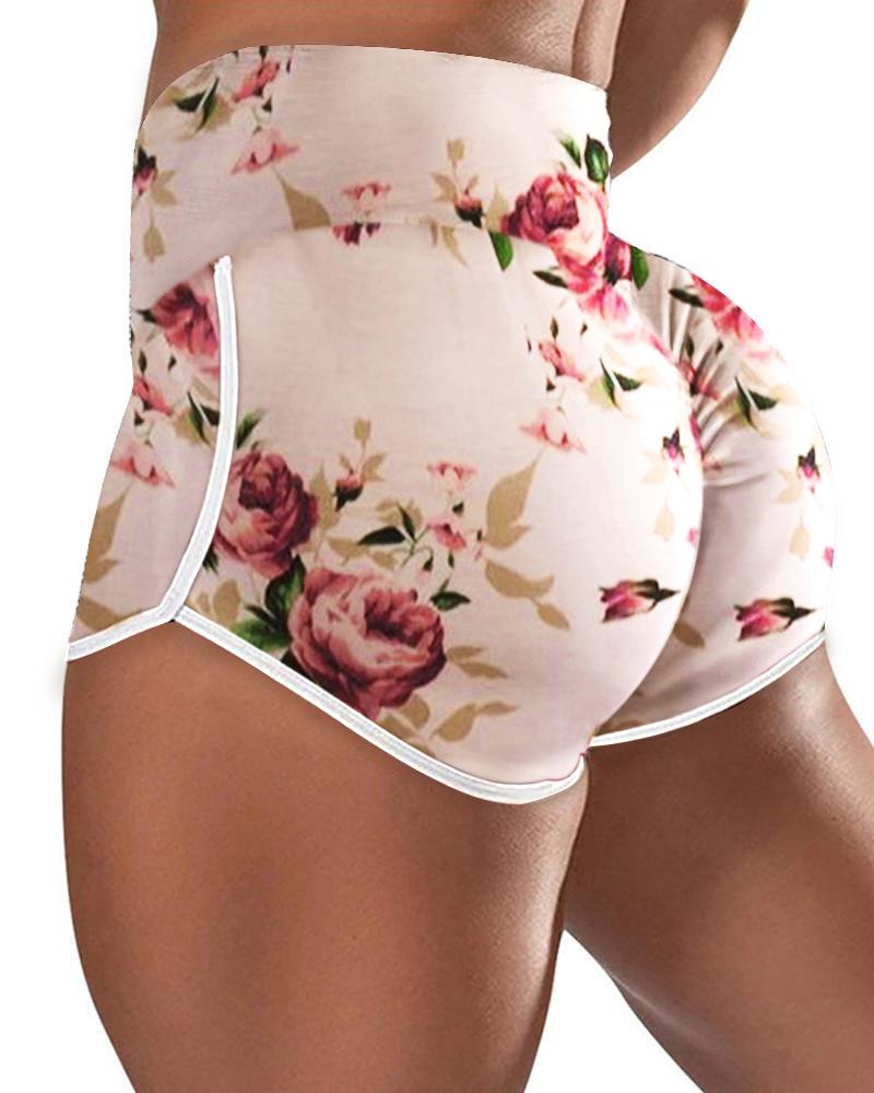 

High Waist Floral Print Yoga Shorts, Pink