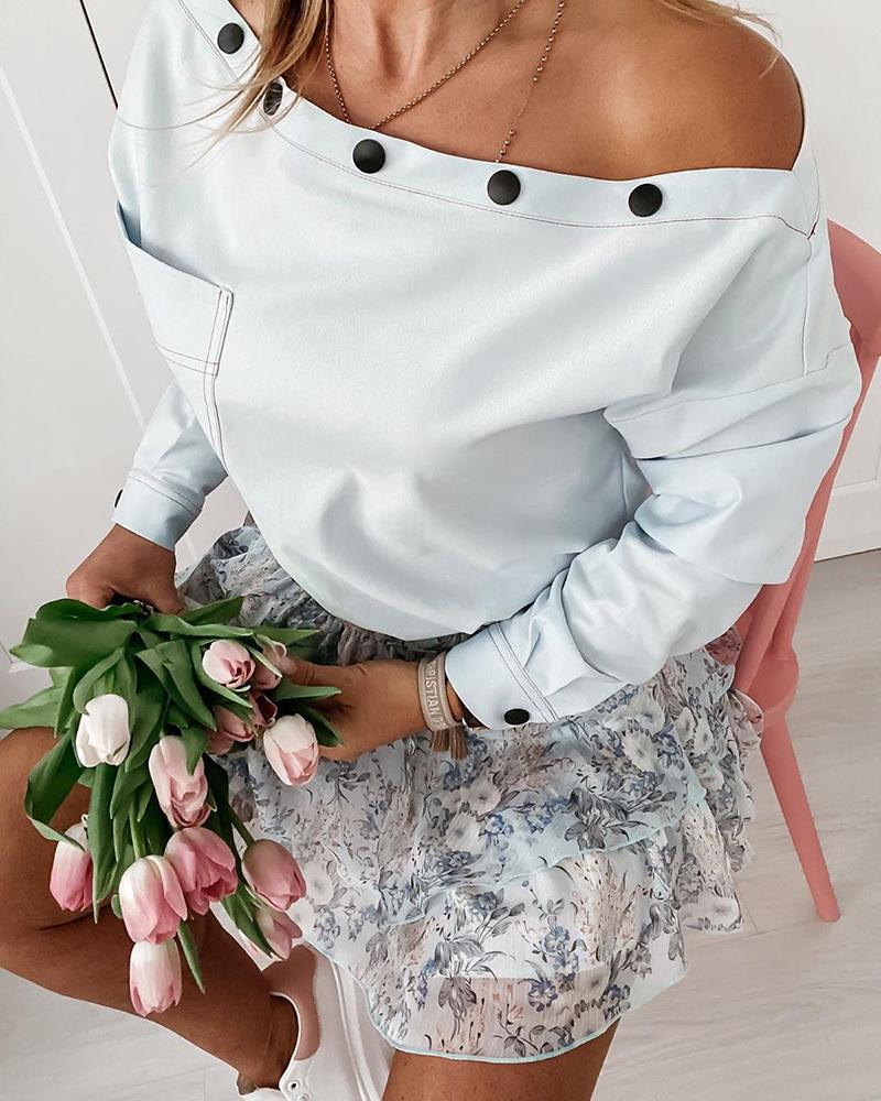 

Buttoned Pocket Design Long Sleeve Top, Light blue