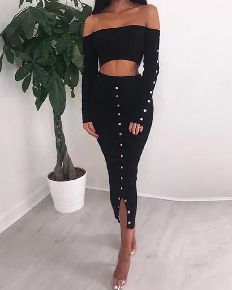 

Button Design Off Shoulder Crop Top & Slinky Skirt Sets, Black