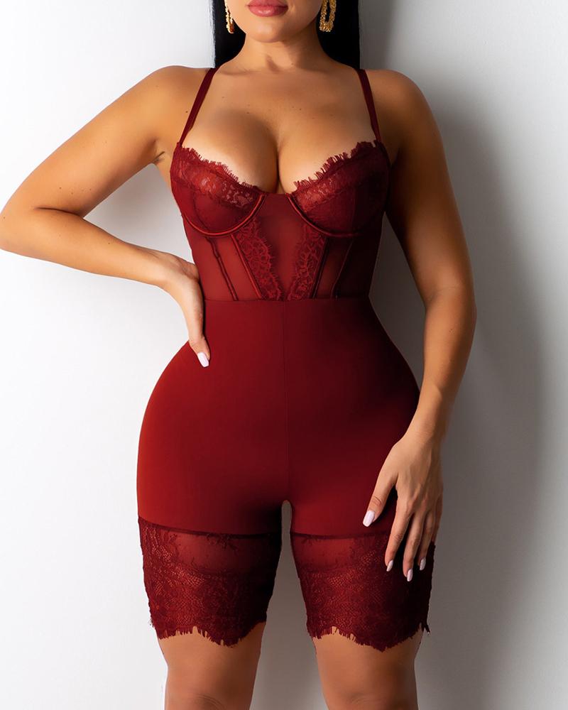 

Spaghetti Strap Eyelash Lace Insert Romper, Wine red
