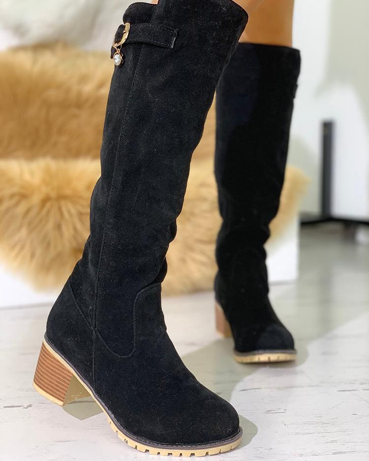 

Buckle Side Over Knee Chunky Heel Boots, Black