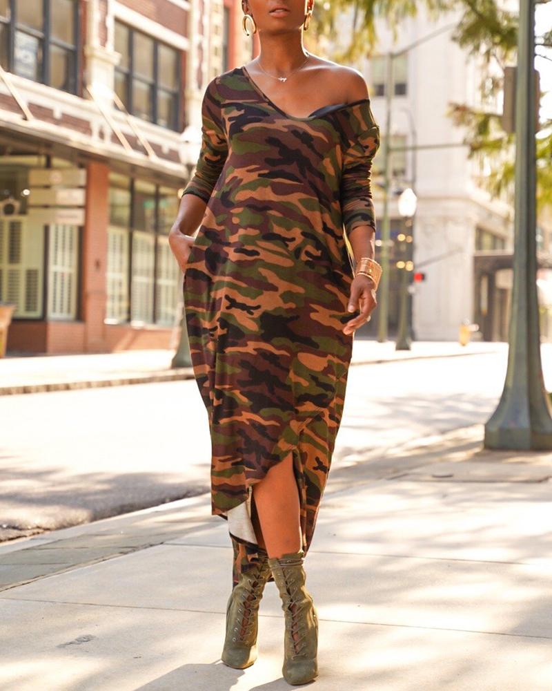 

Camouflage V Neck Dip Hem Casual Dress, Army green