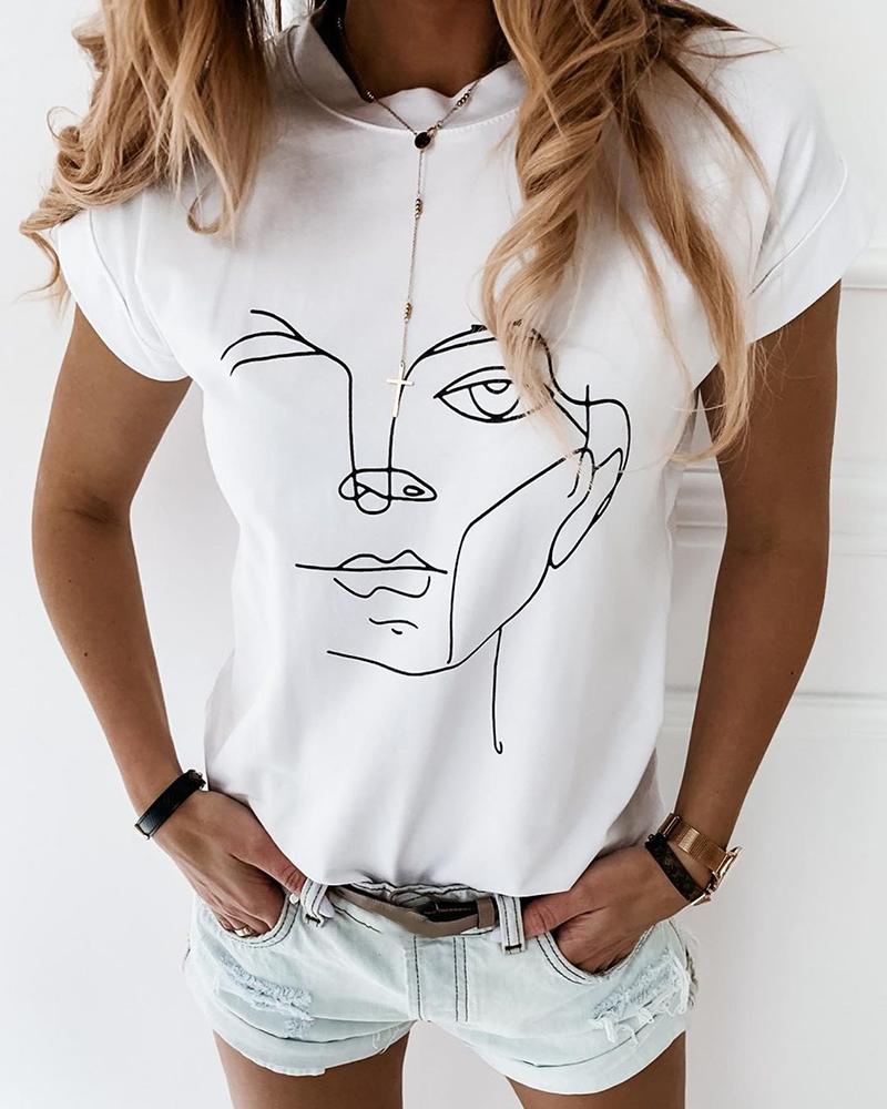 

Face Print Short Sleeve Casual T-shirt, White