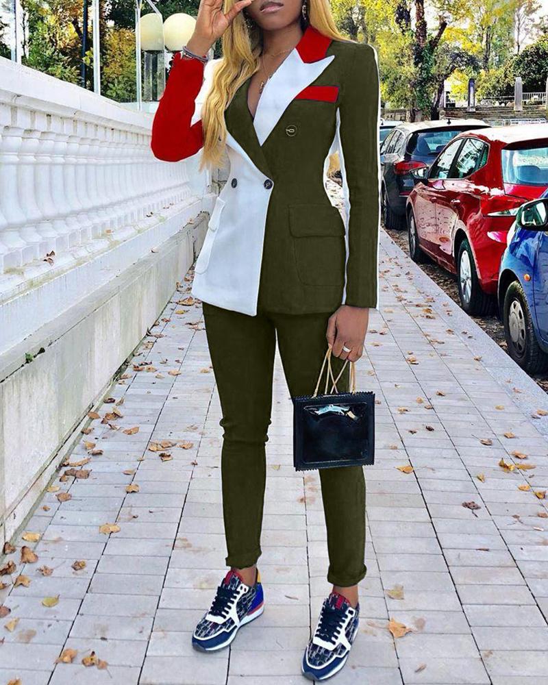 

Colorblock Notched Collar Double-breasted Blazer & Pants Sets, Army green