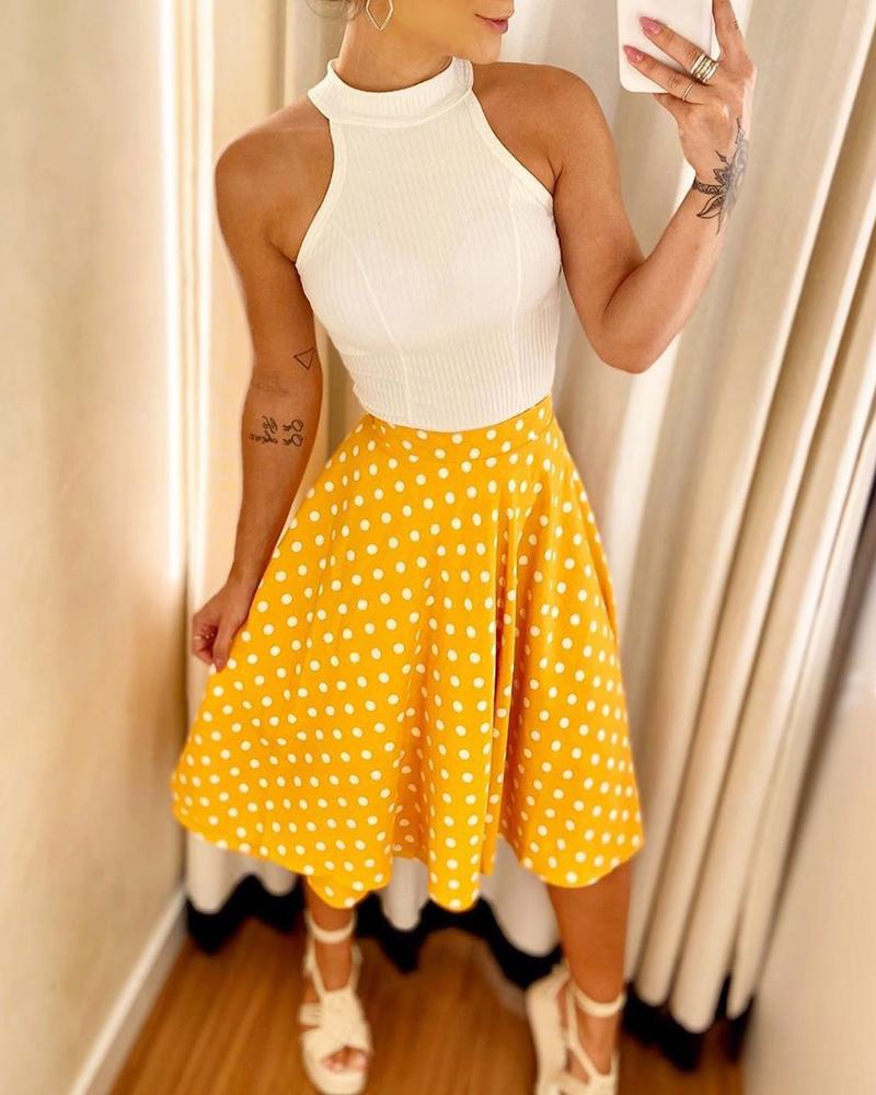 

Polkadot Print Colorblock Sleeveless Dress, Yellow