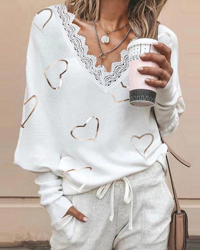 

Heart Print Batwing Sleeve Lace Trim Top, White