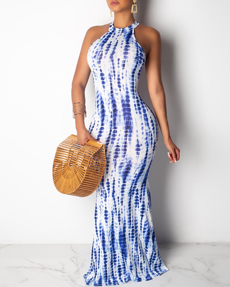 

Tie Dye Print Halter Maxi Dress, Blue