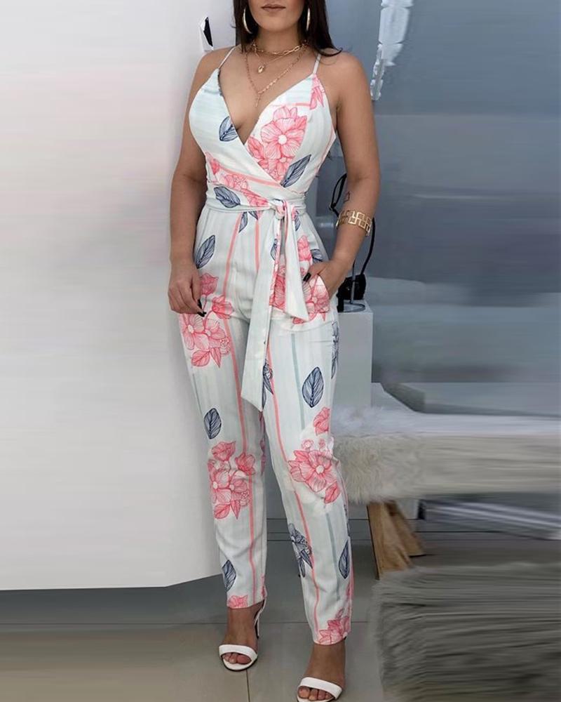 

Floral Print Spaghetti Strap Tight Waist Jumpsuit, White