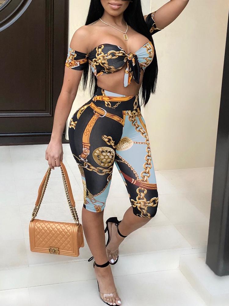 

Chain Print Tied Strapless Capri Set, Blue