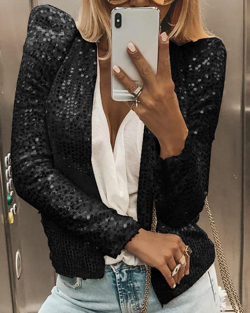 

Glitter Open Front Puff Sleeve Sequins Coat, Black