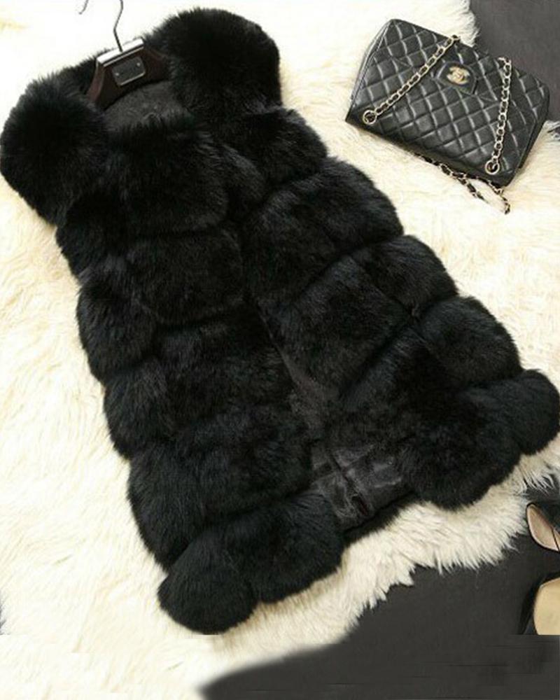 

Plain Fluffy Faux Fur Vest, Black