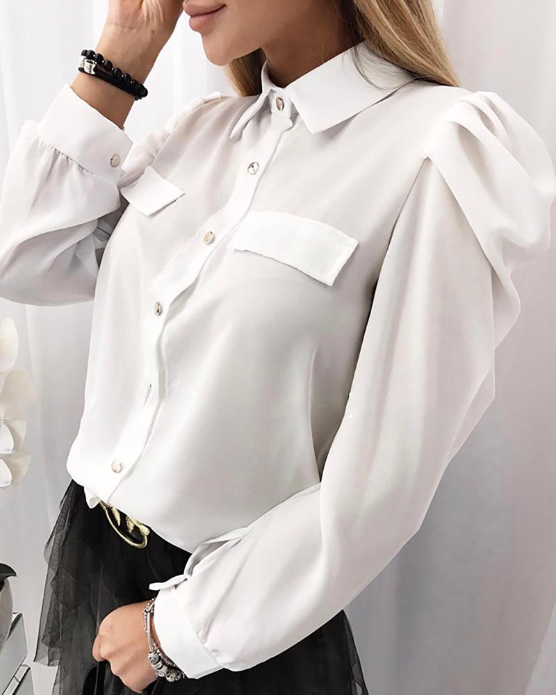 

Buttoned Puffed Sleeve Casual Blouse, White