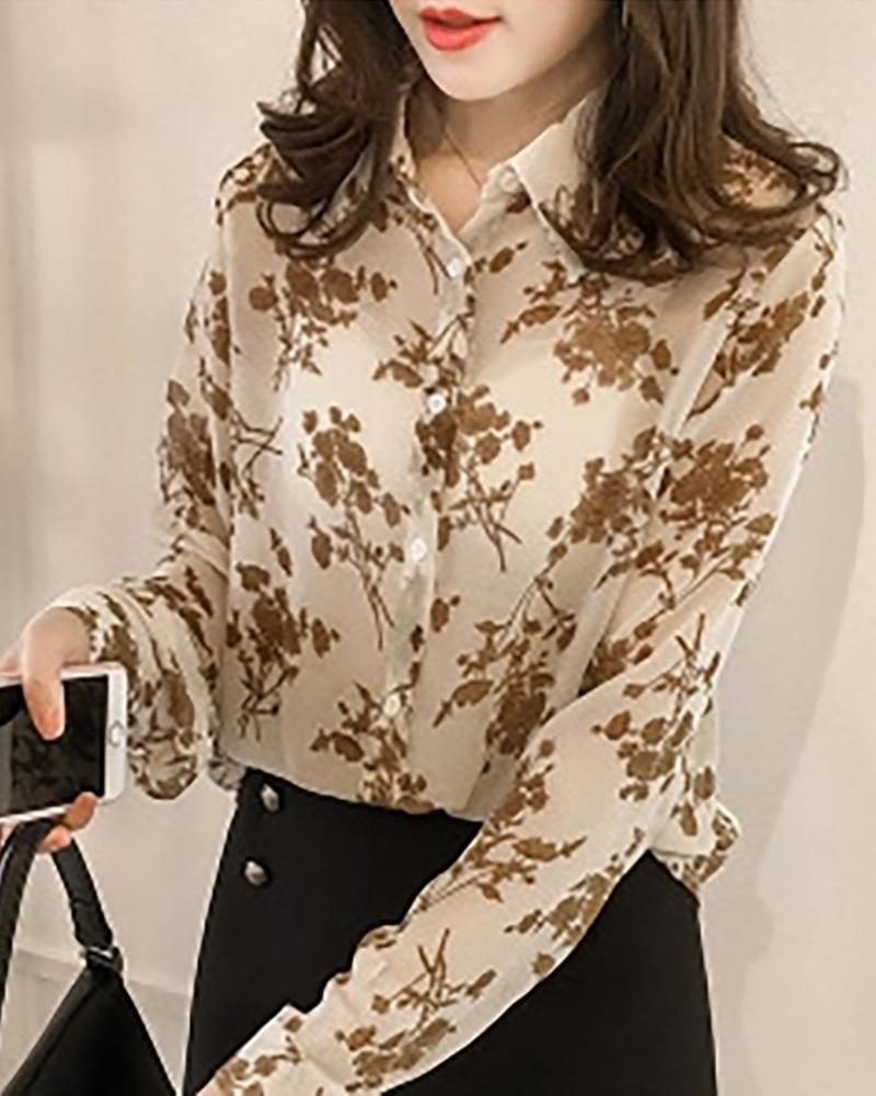 

Floral Print Long Sleeve Casual Top, White
