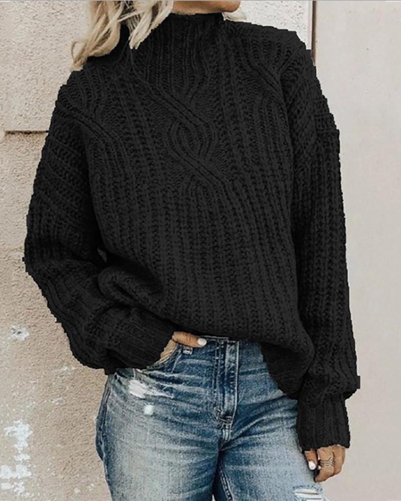 

Solid High Neck Knit Casual Sweater, Black