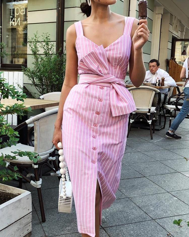 

Striped Bowknot Button Through Dress, Pink