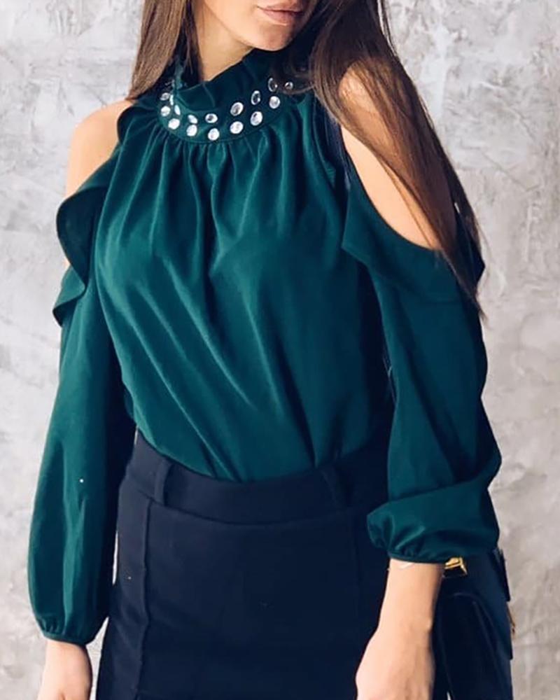 

Cold Shoulder Diamond Embellished Casual Blouse, Green