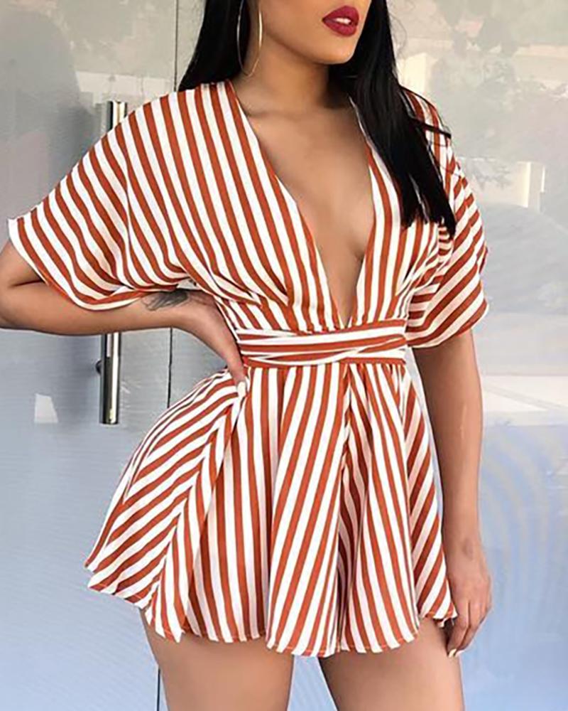 

Short Sleeve Striped Casual Romper, Orange