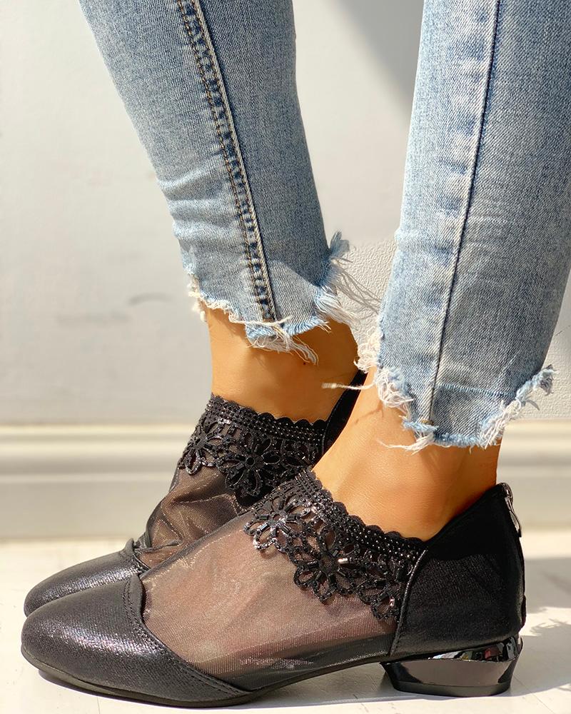 

Patchwork Mesh See Through Heeled Sandals, Black