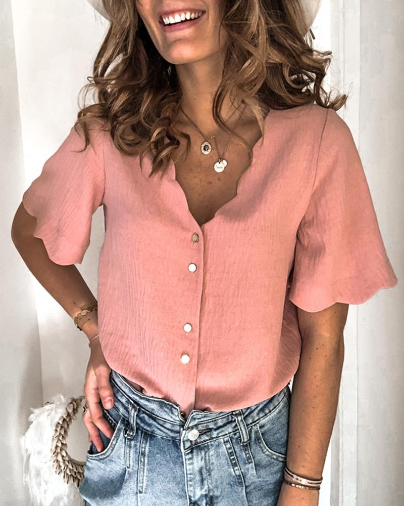 

Button Design Ruffles V-neck Casual T-shirt, Pink