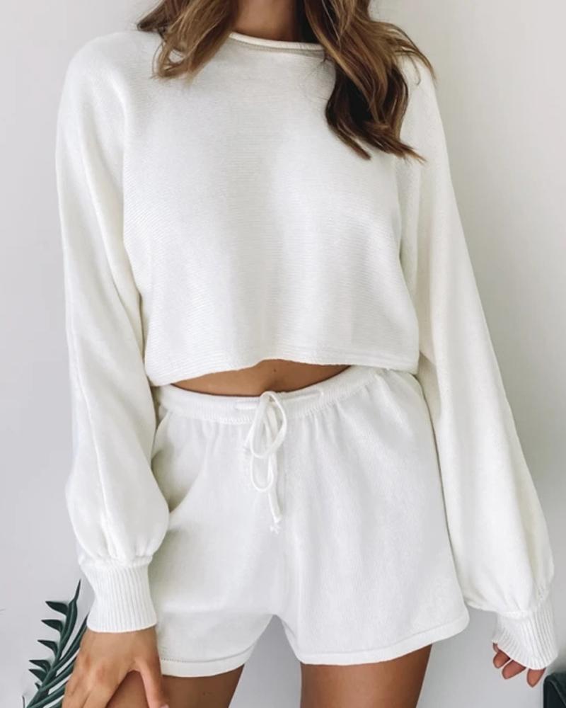 

Long Sleeve Casual Top & Drawstring Shorts Set, White
