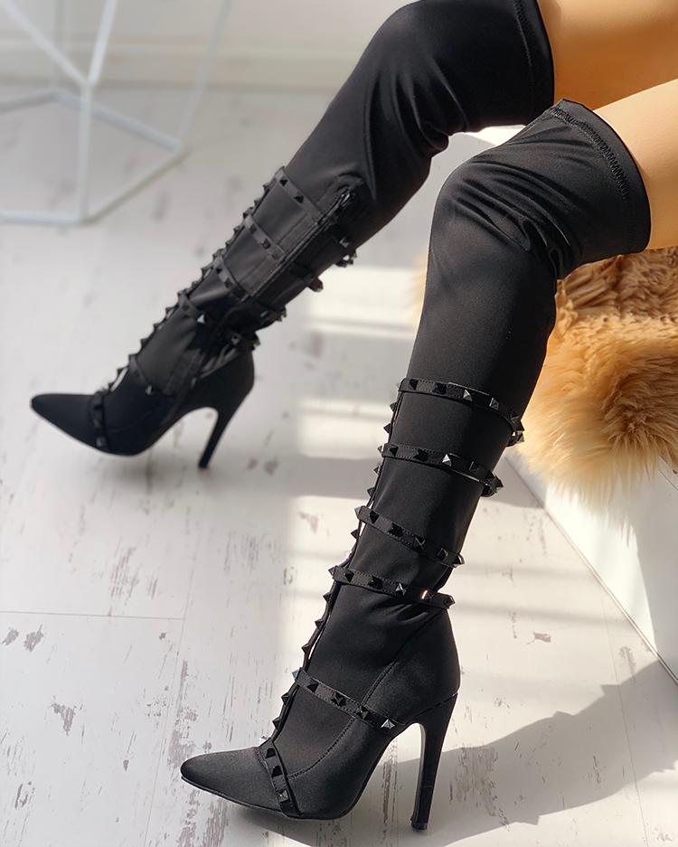 

Rivets Embellished Pointed Toe Over The Knee Boots, Black