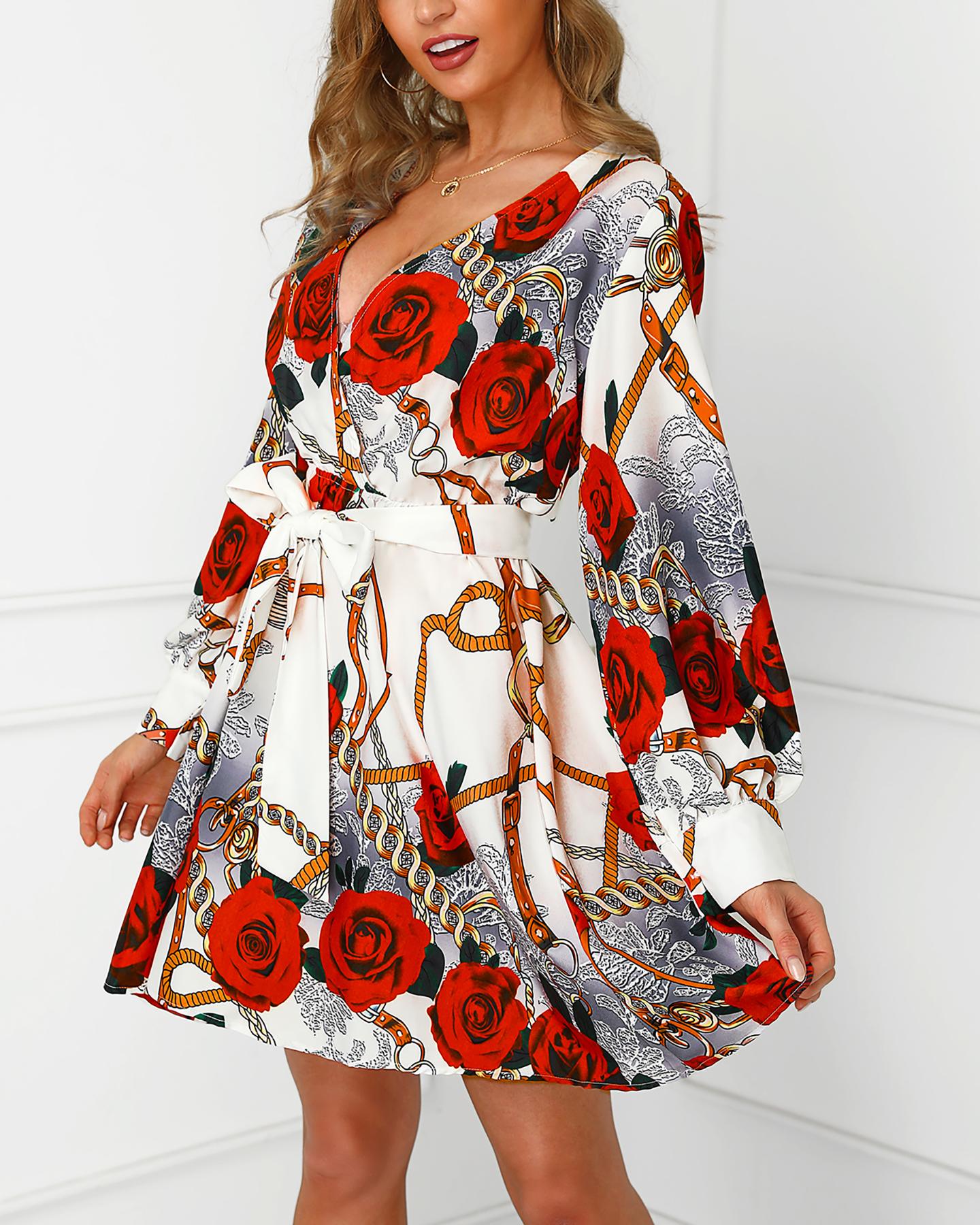 

Chain Rose Print Long Sleeve Dress, Multicolor