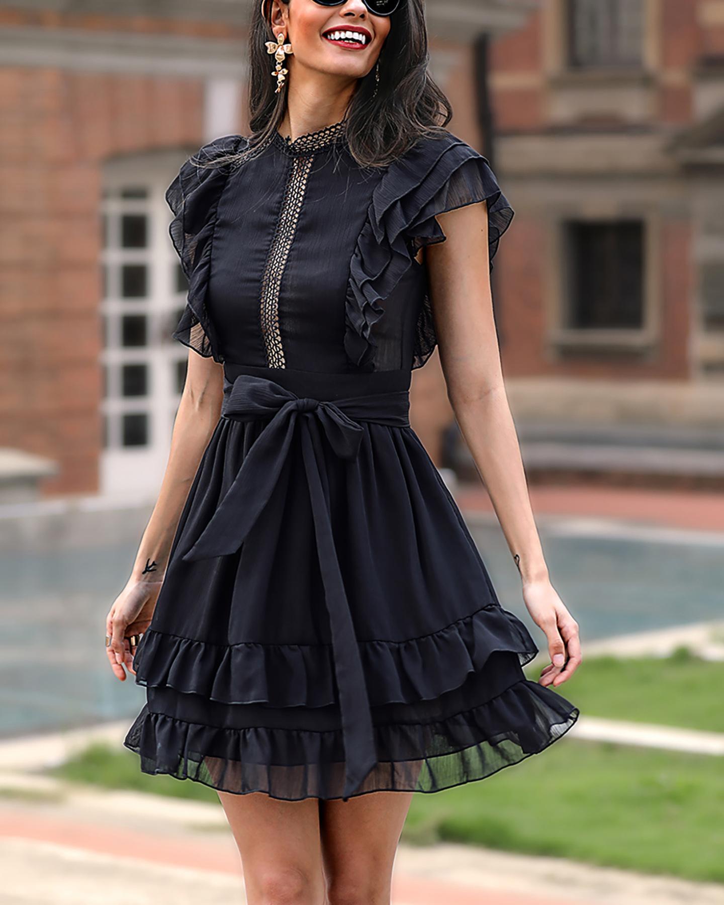 

Solid Layered Ruffles Casual Dress, Black