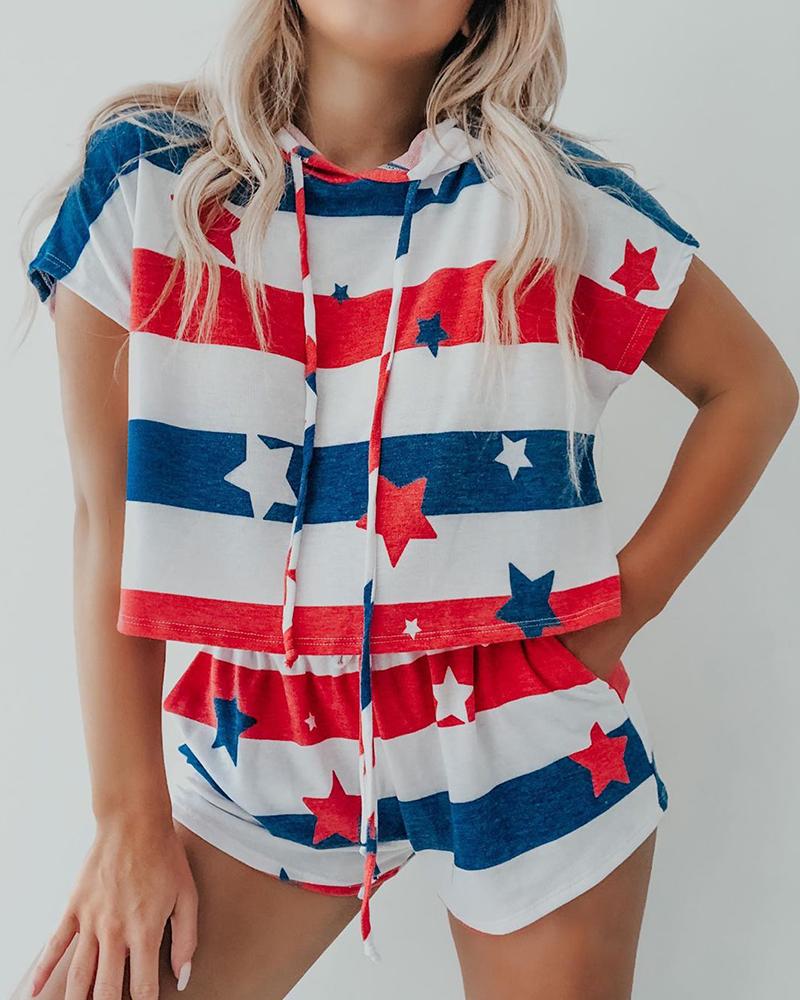 

Drawstring Star Color Block Two-Piece Set, Blue&red