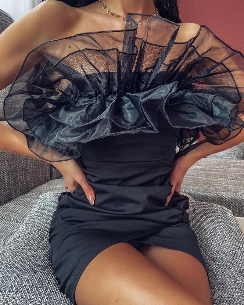 

Mesh Ruffle Trim Tube Mini Dreess, Black