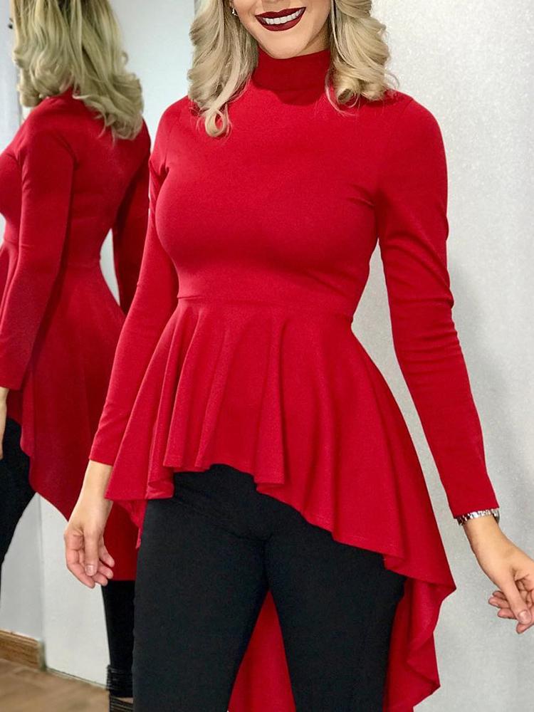 

Long Sleeve Irregular Ruffles Dip Hem Blouse, Red