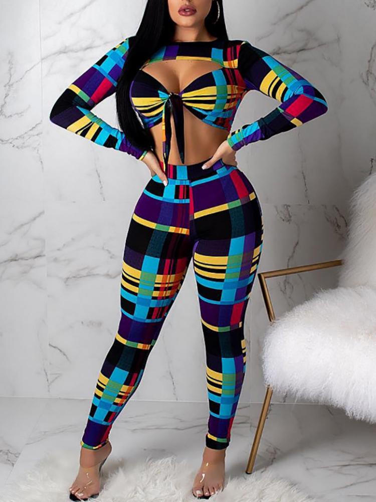

Striped Print Tied Front Crop Top & Pant Sets, Multicolor