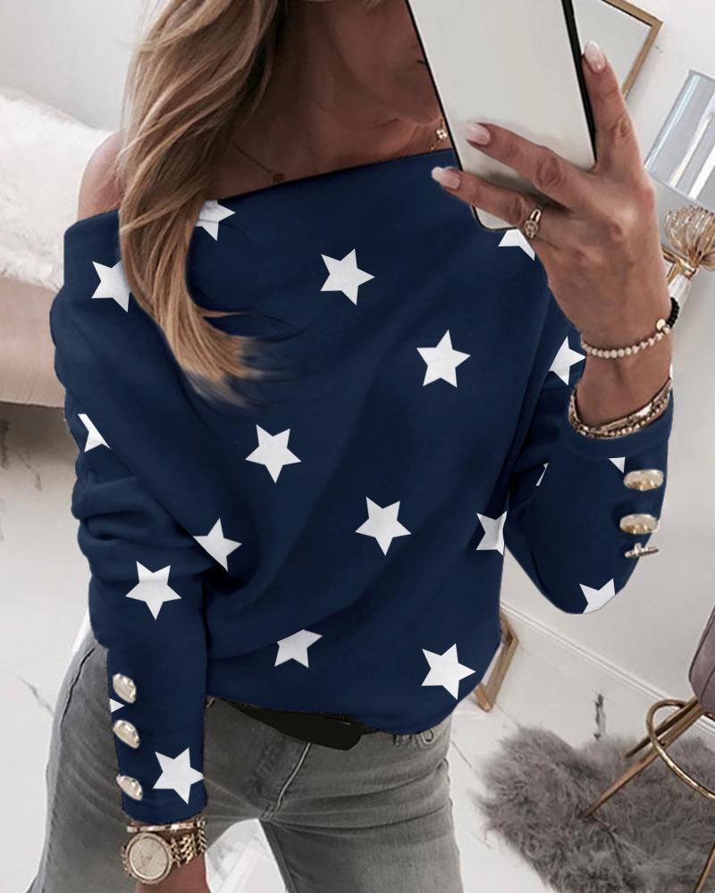 

Batwing Sleeve Star Print Buttoned Sweatshirt, Purplish blue