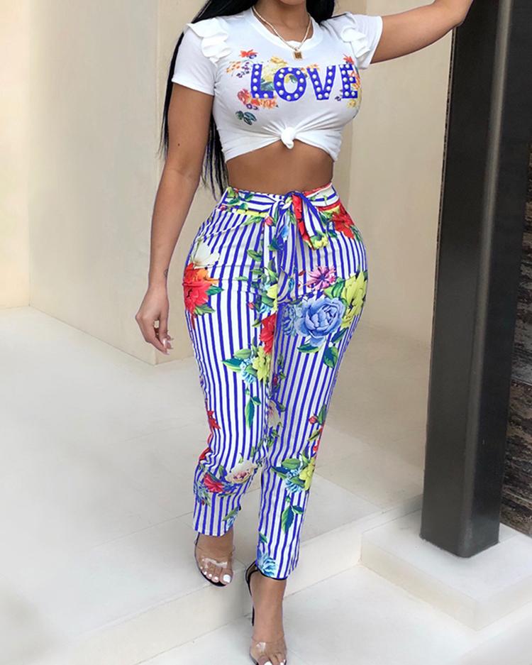 

Floral Print Cropped Top & Belted Pant Set, Blue