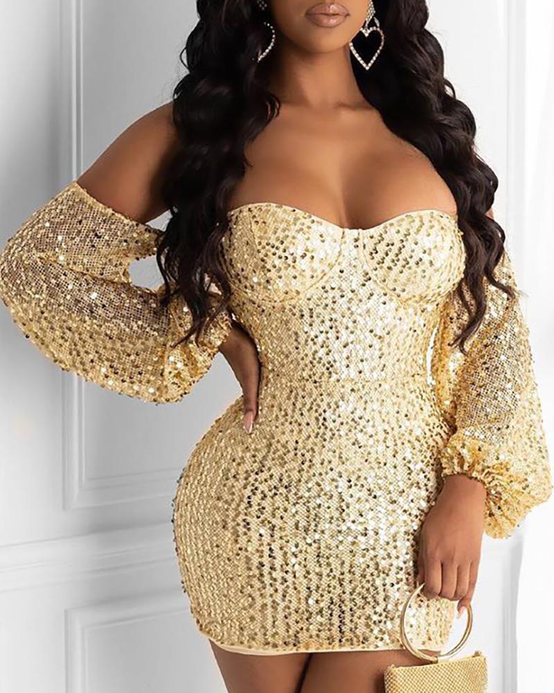 

Glitter Off Shoulder Lantern Sleeve Sequins Bodycon Dress, Gold